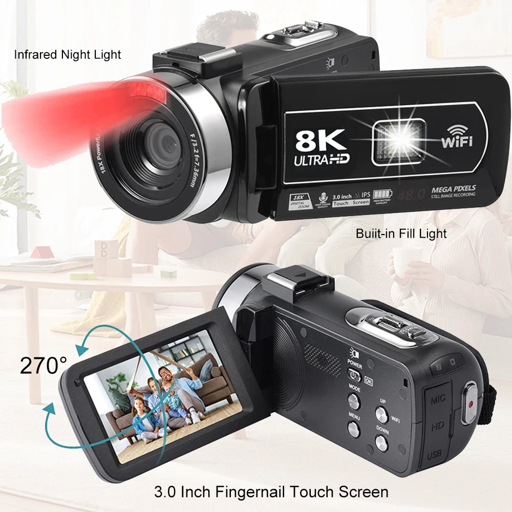8K Digital 48MP 18X Digital Zoom 3'' LCD Touch Screen Portable Camcorder