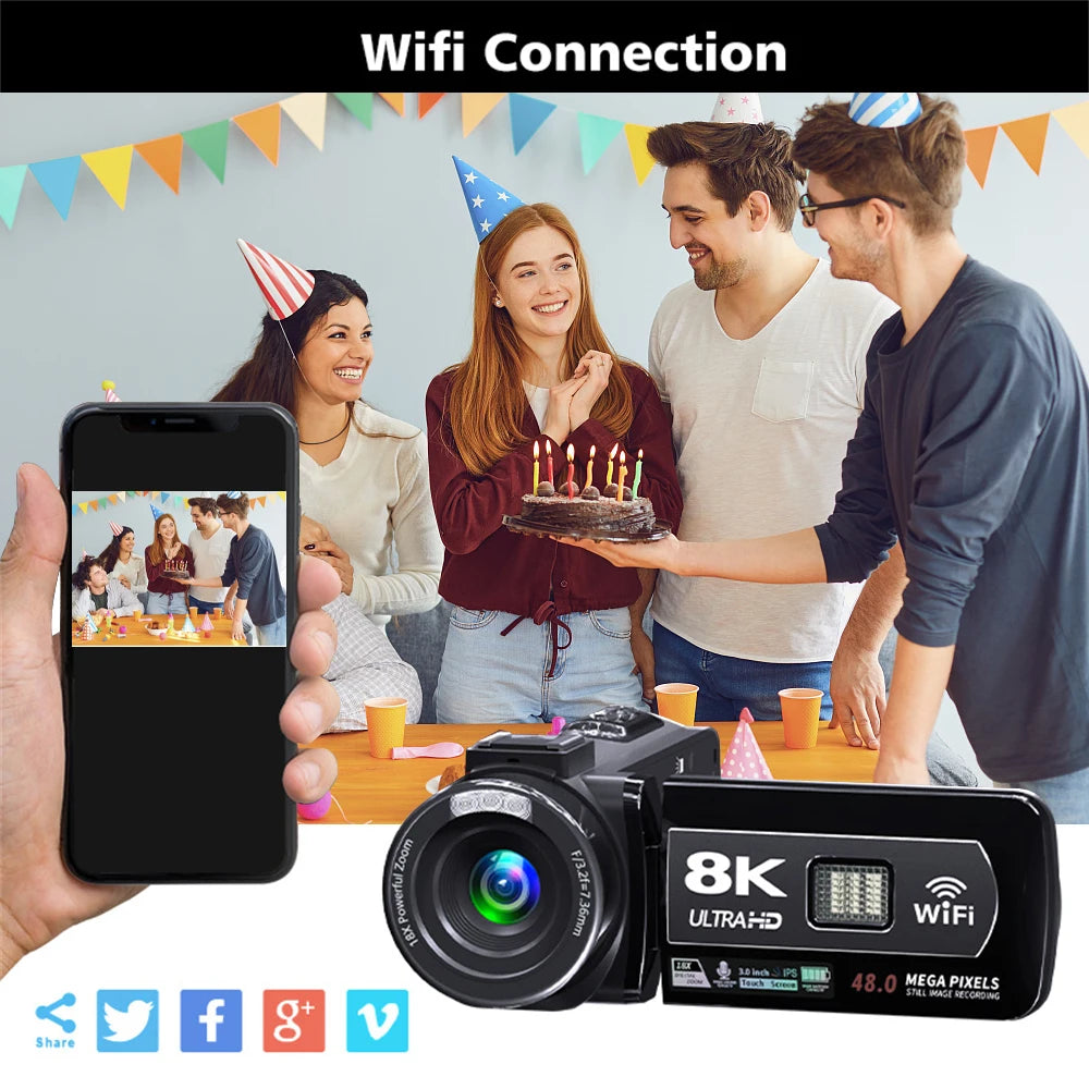 8K Digital 48MP 18X Digital Zoom 3'' LCD Touch Screen Portable Camcorder