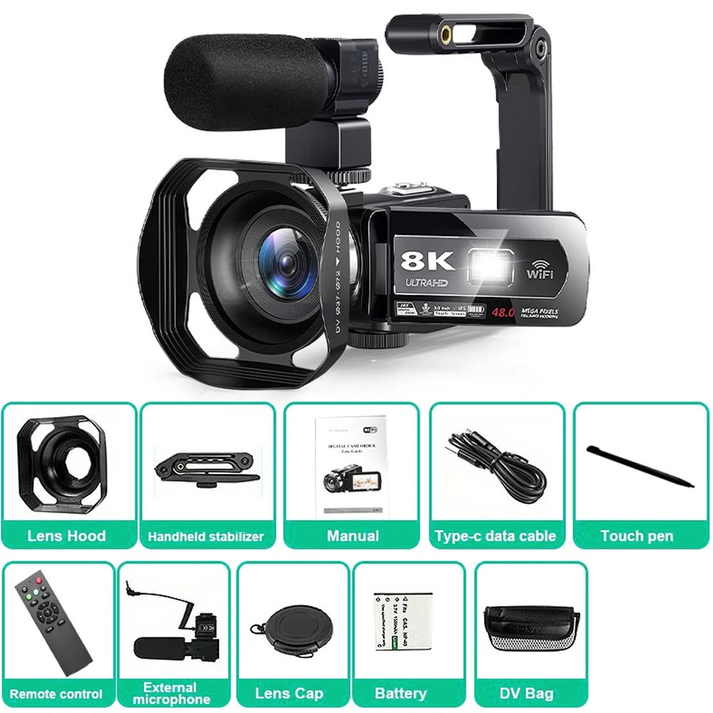 8K Digital 48MP 18X Digital Zoom 3'' LCD Touch Screen Portable Camcorder