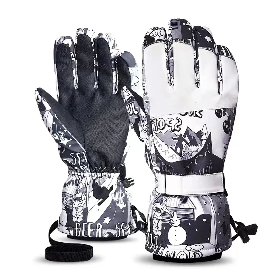 Ski Gloves White Black Warm Waterproof Gloves