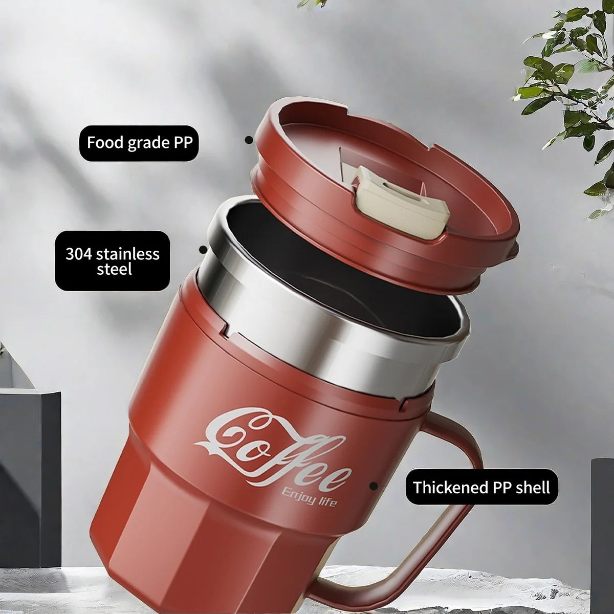 WORTHBUYMug With Lid&Handle 304 Stainless Steel