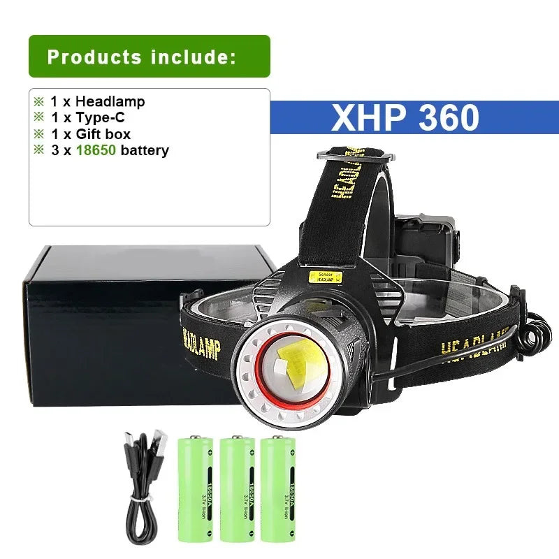 Super High Powerl XHP360 Fishing Headlamp USB Rechargeable