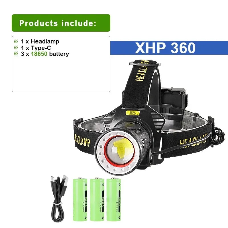 Super High Powerl XHP360 Fishing Headlamp USB Rechargeable