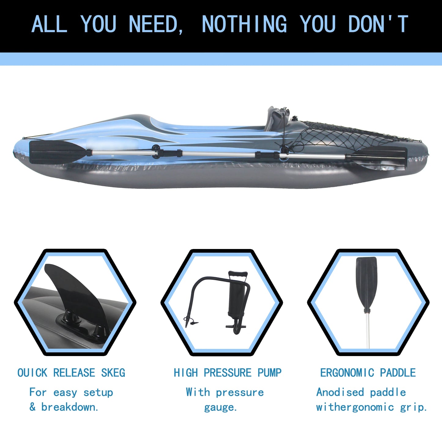 Inflatable Kayak Fishing Boat 1 Person Adult Blue Canoe