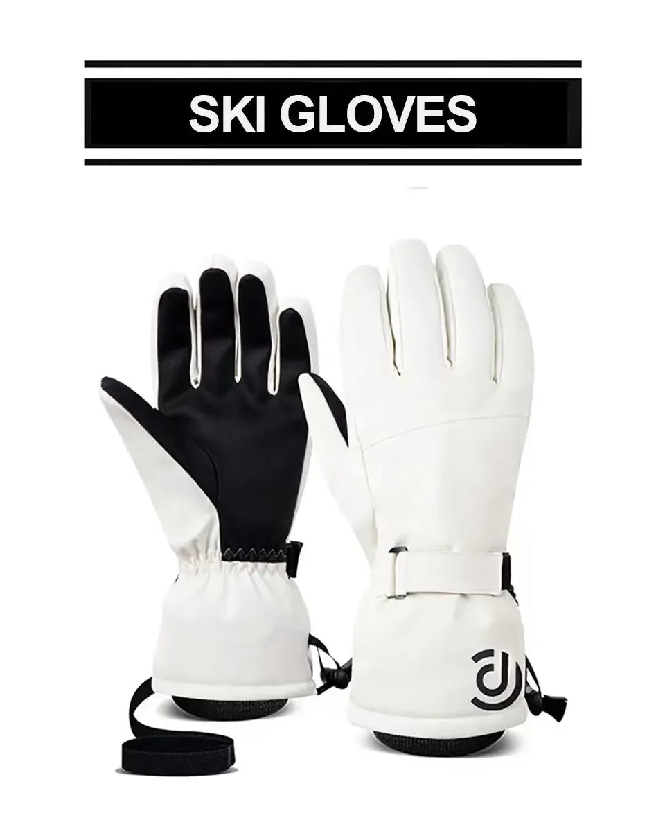 Ski Gloves White Black Warm Waterproof Gloves