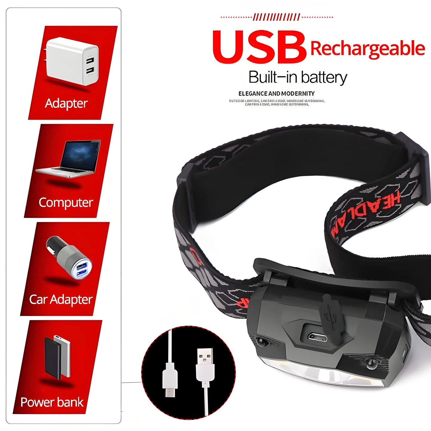 USB Rechargeable LED Headlamp - Waterproof Light for Outdoor Activities