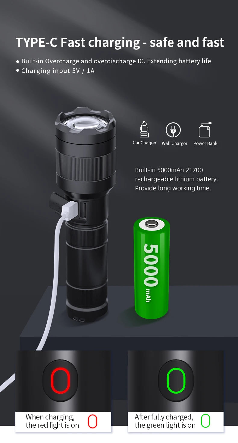 LEP White Laser Flashlight 1200-1500 Meters Rechargeable Battery