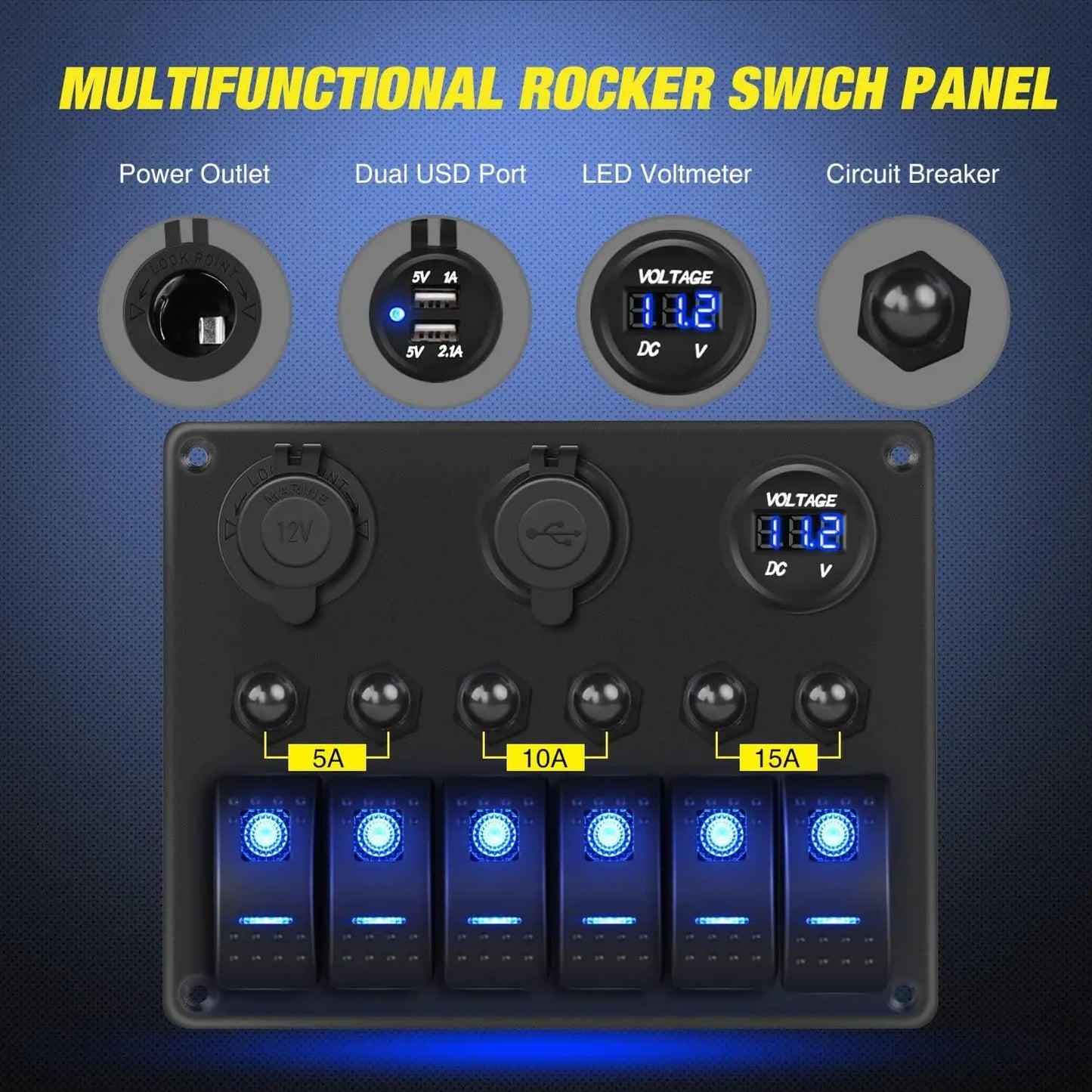 6 Gang Rocker Switch Panel with Voltmeter & USB Charger for RV Boat Truck