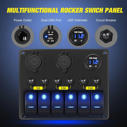 6 Gang Rocker Switch Panel with Voltmeter & USB Charger for RV Boat Truck
