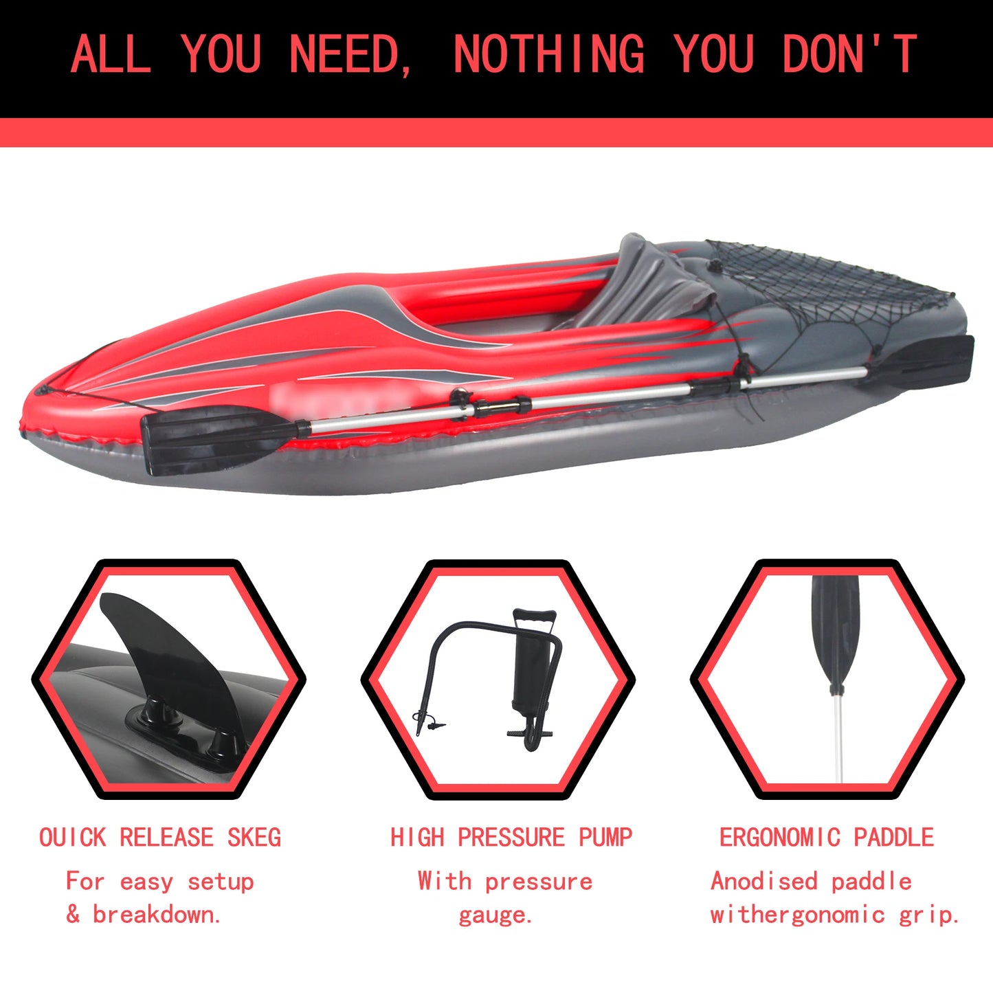 Inflatable Red Kayak  1 Person Adult Canoe,  High-Output Pump