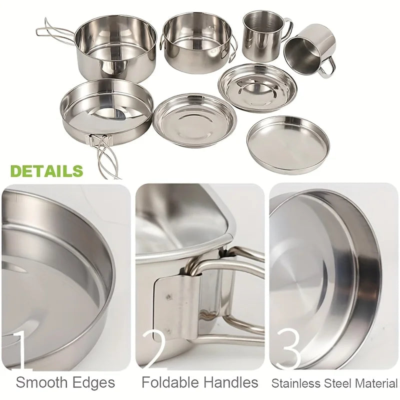 8Pcs Camping Cookware Set Stainless Steel