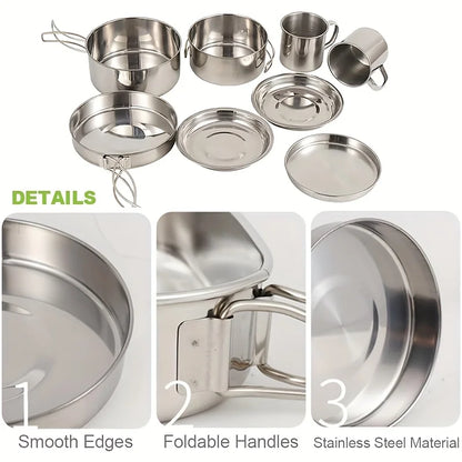 8Pcs Camping Cookware Set Stainless Steel