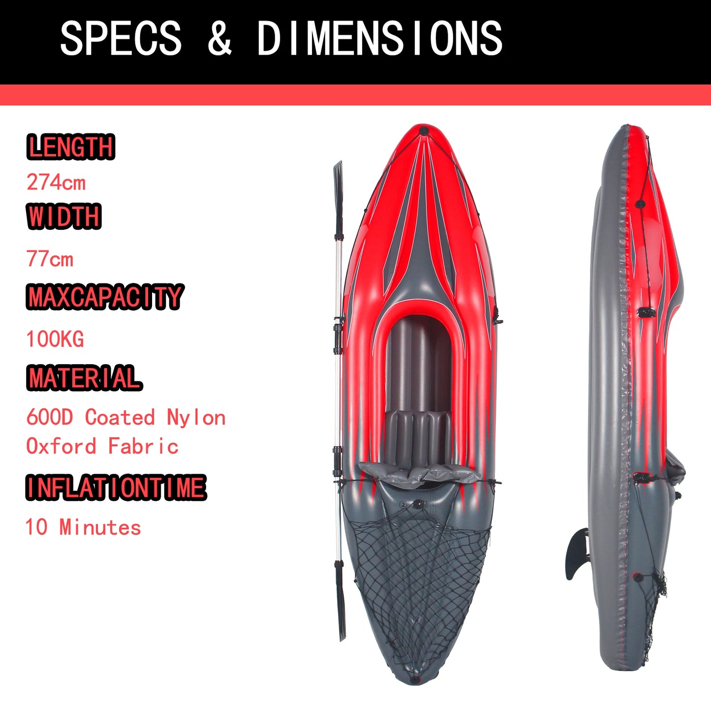 Inflatable Red Kayak  1 Person Adult Canoe,  High-Output Pump