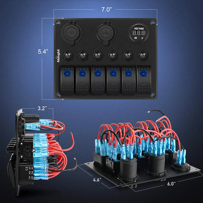 6 Gang Rocker Switch Panel with Voltmeter & USB Charger for RV Boat Truck