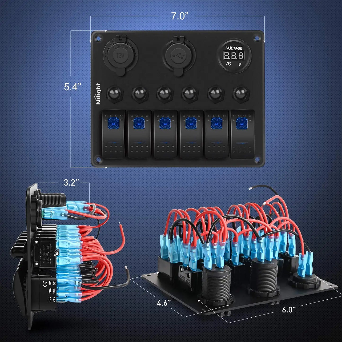 6 Gang Rocker Switch Panel with Voltmeter & USB Charger for RV Boat Truck