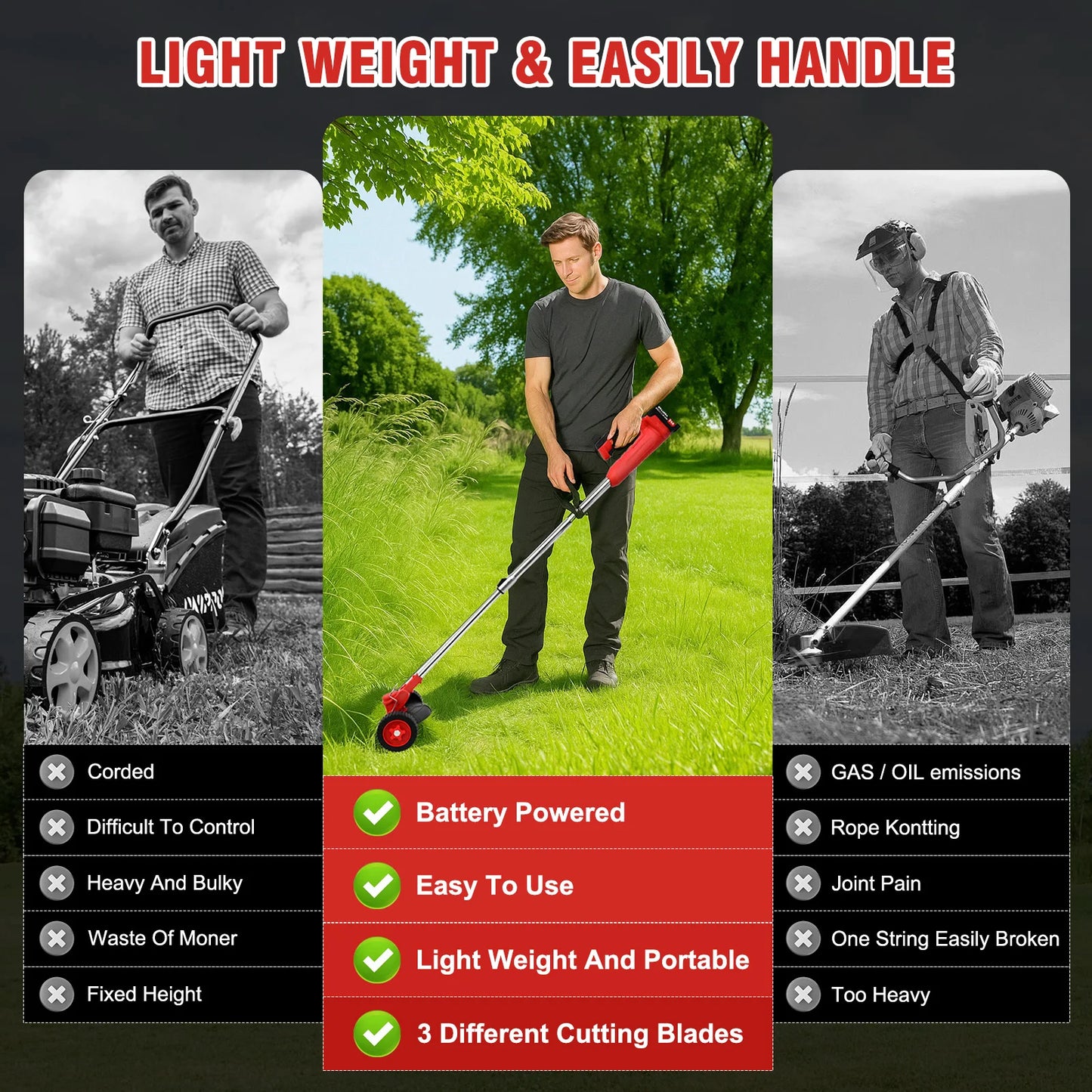 21V Cordless Weed Whacker Grass Trimmer  Edger with Wheels