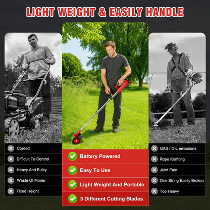21V Cordless Weed Whacker Grass Trimmer  Edger with Wheels