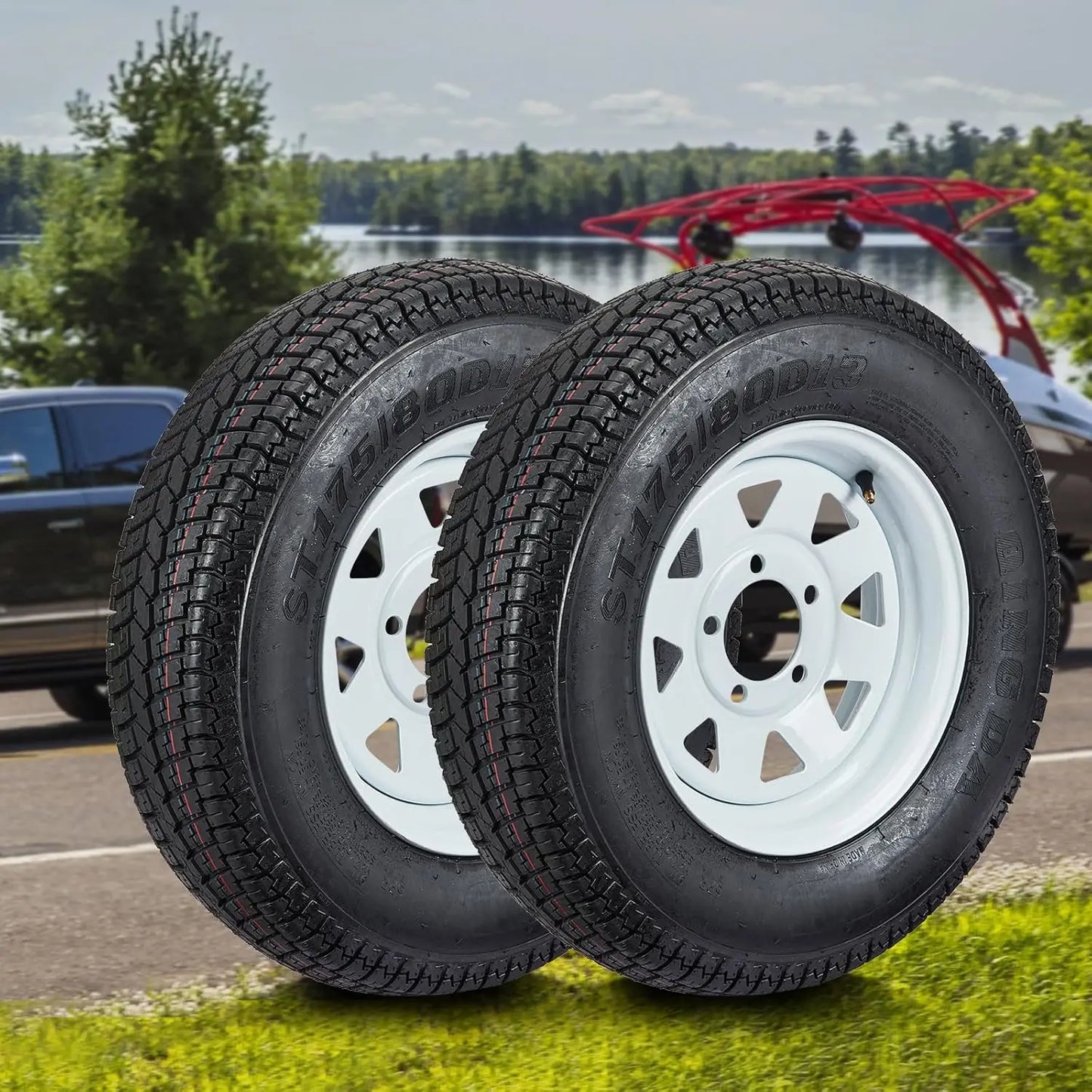 2-Pack Trailer Tires On Rim ST175/80D13 175 80 13 Load Range C 5-Lug White Spoke