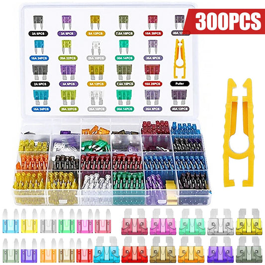 300pcs automotive fuse combination kit, blade type automotive fuse standard and mini size automotive/RV/motorcycle/marine fuses