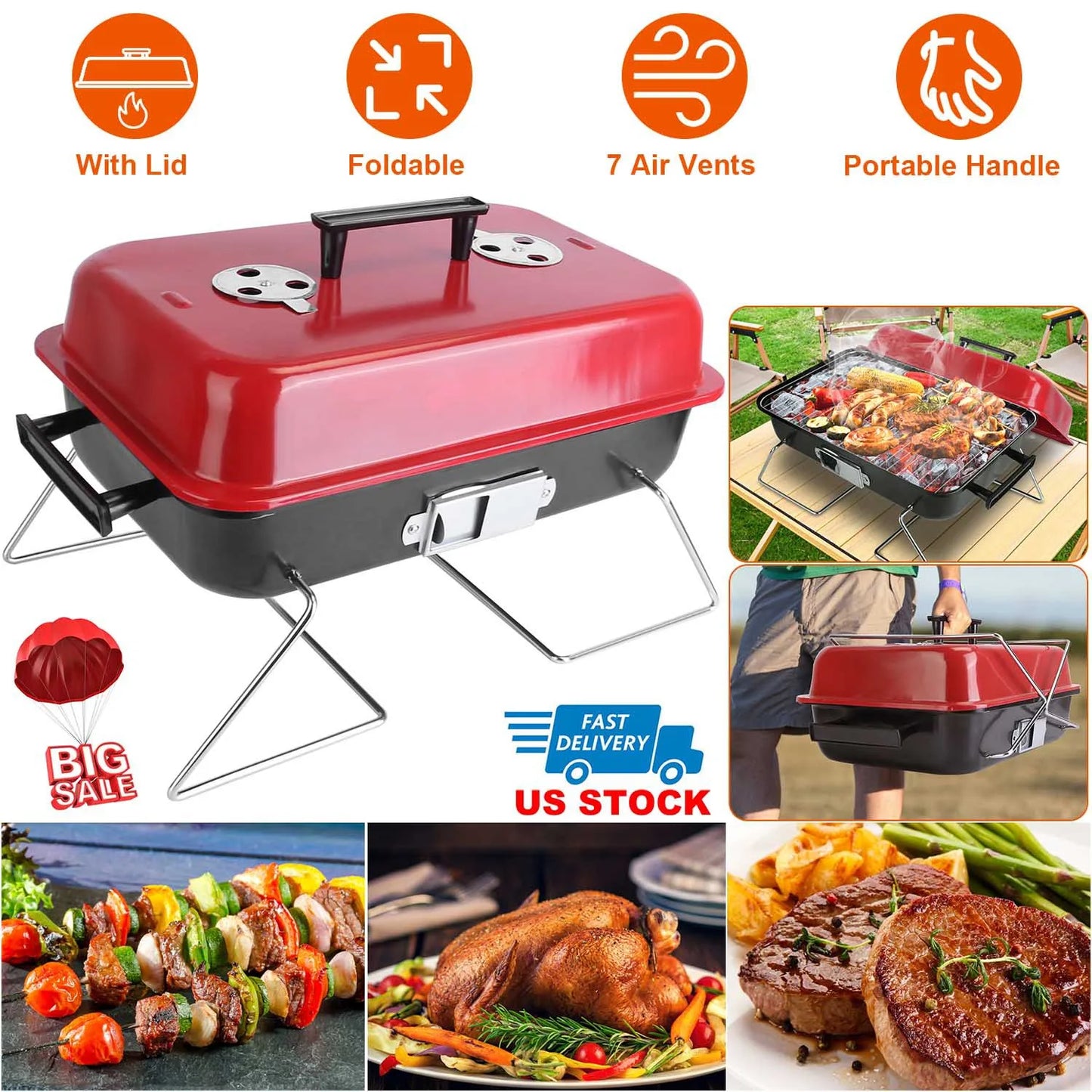 Portable Charcoal BBQ Grill Folding Tabletop Smoker