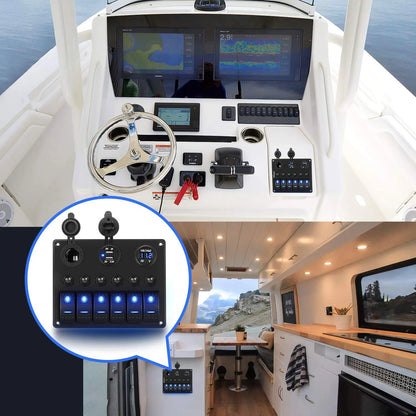 6 Gang Rocker Switch Panel with Voltmeter & USB Charger for RV Boat Truck