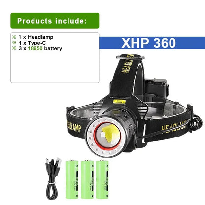 Super High Powerl XHP360 Fishing Headlamp USB Rechargeable