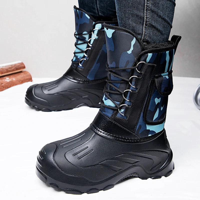 Warm Men Plush Snow Boots High Top Winter Men's Mid Calf Boots Waterproof Motorcycle Outdoor Anti-Slip Men Hiking Boots New