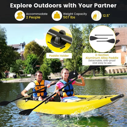 GYMAX Inflatable Kayak, 12.5Ft Tandem Kayak with 2 Aluminum Paddles, 2 Padded Seats,Footrests, 2 Fins,Hand Pump,Carry Bag