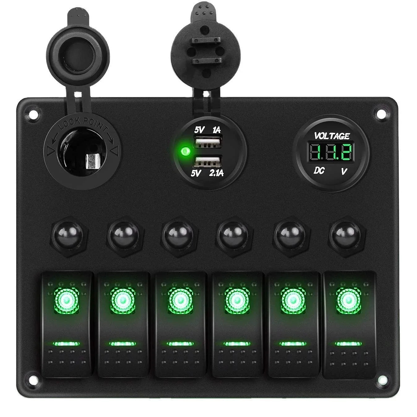 6 Gang Rocker Switch Panel with Voltmeter & USB Charger for RV Boat Truck