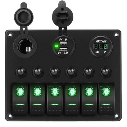 6 Gang Rocker Switch Panel with Voltmeter & USB Charger for RV Boat Truck