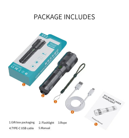 LEP White Laser Flashlight 1200-1500 Meters Rechargeable Battery