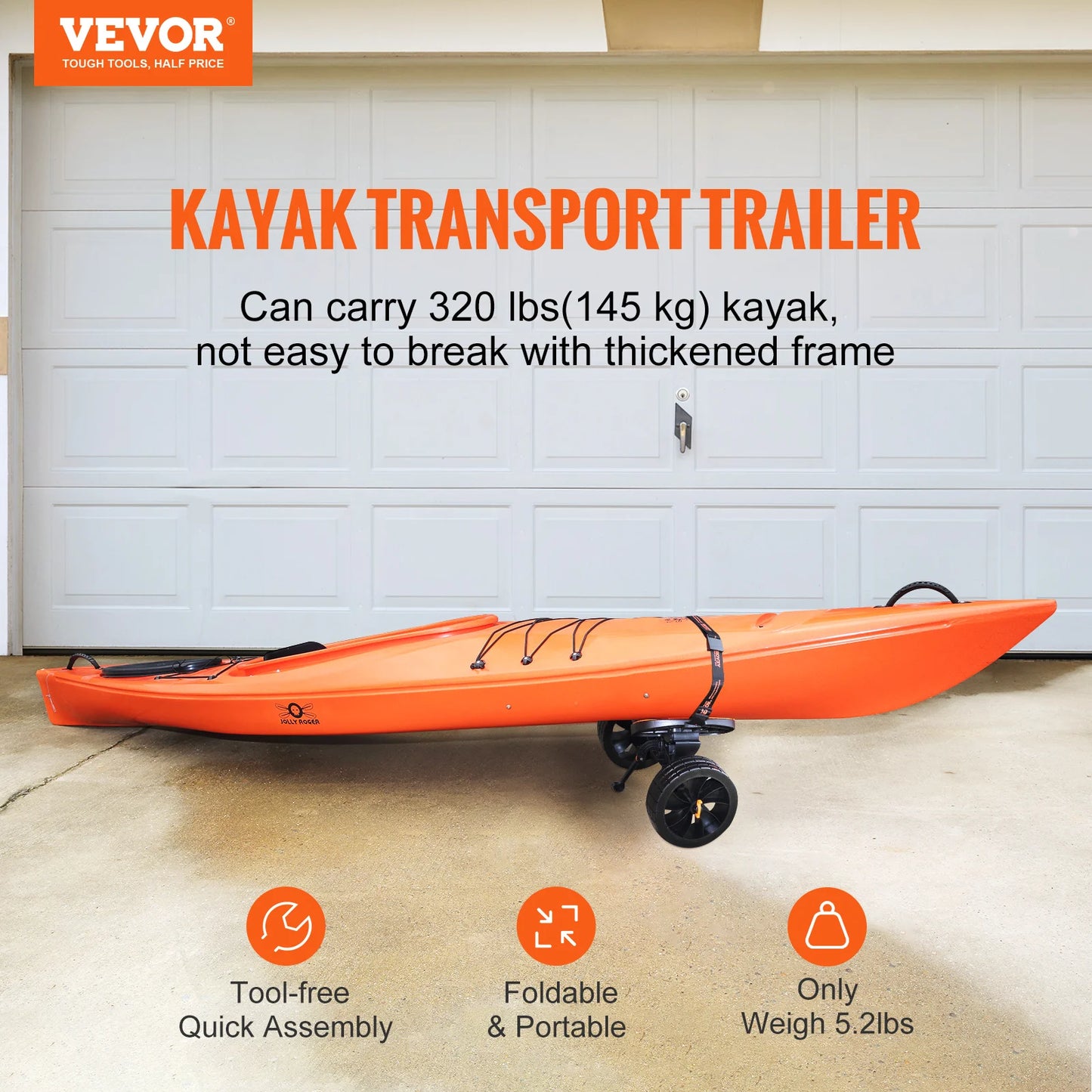 VEVOR 320lbs Kayak Cart  Adjustable Brackets for Paddleboards