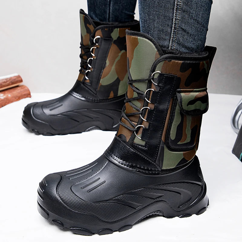 Warm Men Plush Snow Boots High Top Winter Men's Mid Calf Boots Waterproof Motorcycle Outdoor Anti-Slip Men Hiking Boots New