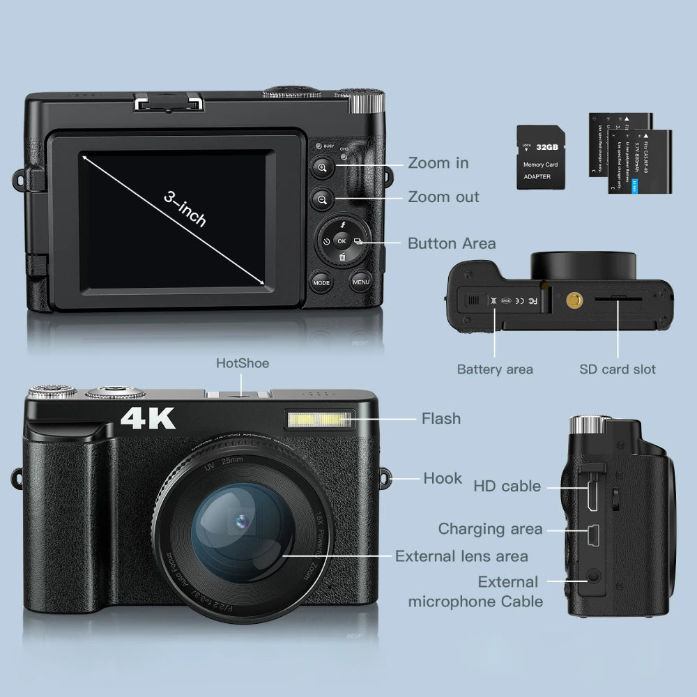 MELCAM 4K Digital Camera 3'' 180° Flip Screen