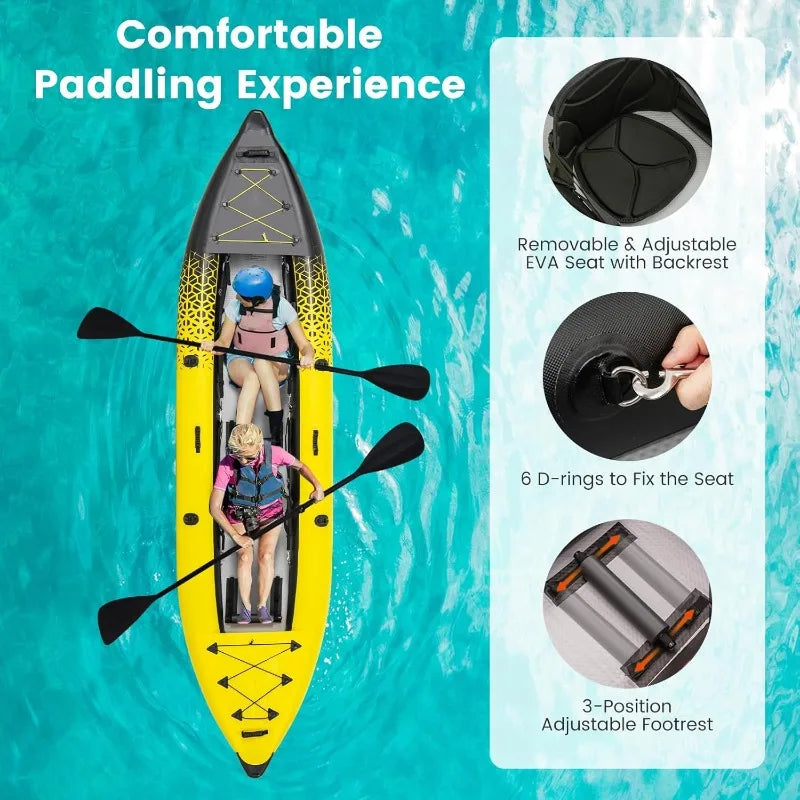 GYMAX Inflatable Kayak, 12.5Ft Tandem Kayak with 2 Aluminum Paddles, 2 Padded Seats,Footrests, 2 Fins,Hand Pump,Carry Bag
