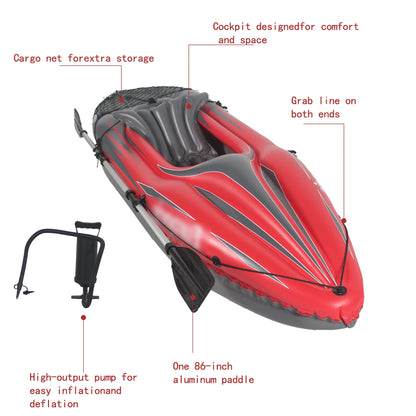 Inflatable Red Kayak  1 Person Adult Canoe,  High-Output Pump