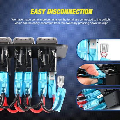 6 Gang Rocker Switch Panel with Voltmeter & USB Charger for RV Boat Truck