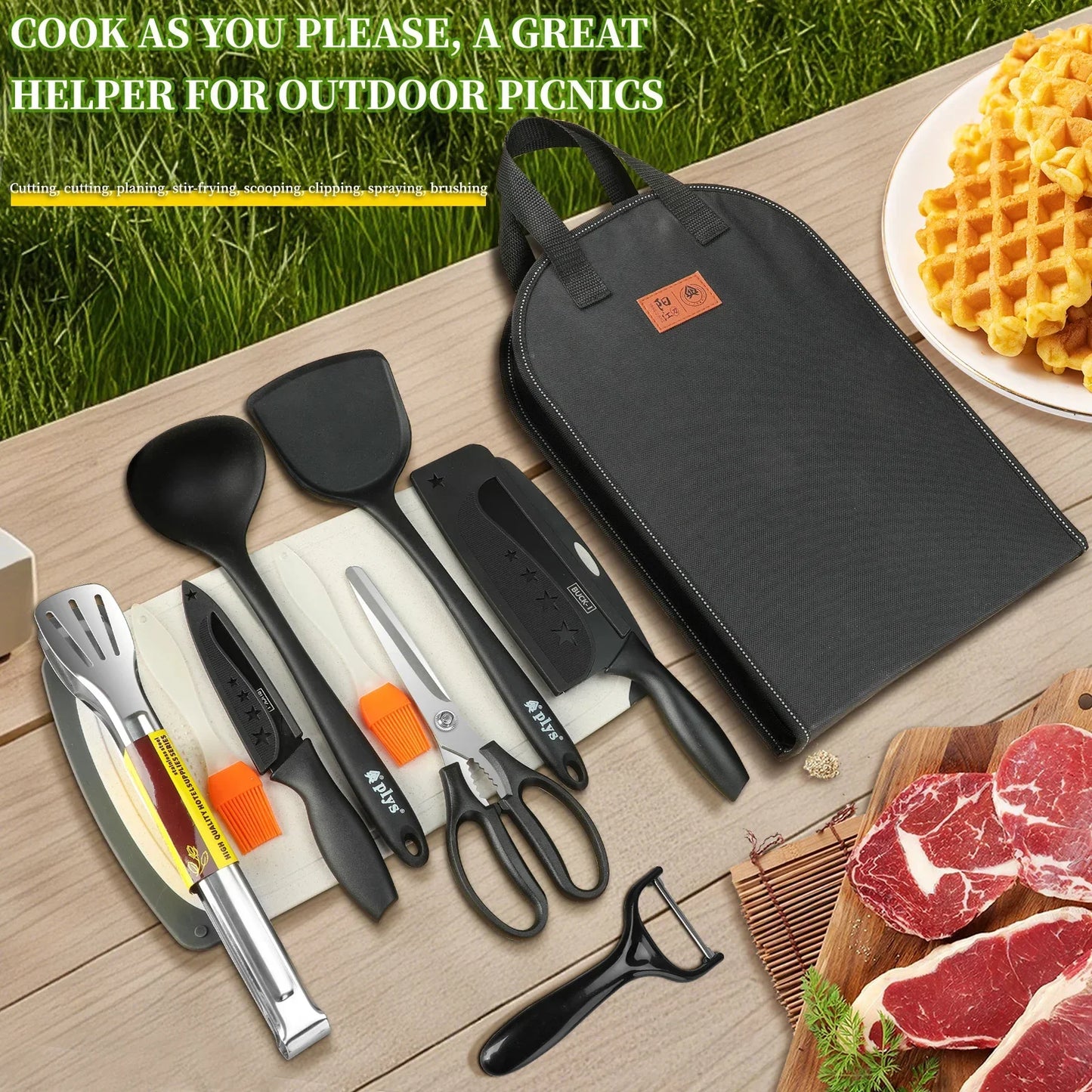 Portable outdoor utensils set of 10 pieces titanium