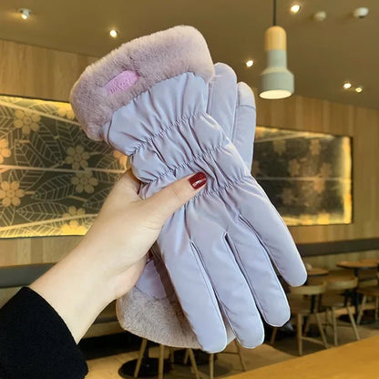 Ski Gloves Women Winter Fleece Thickened Warm Plush Cotton