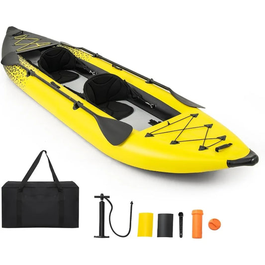 GYMAX Inflatable Kayak, 12.5Ft Tandem Kayak with 2 Aluminum Paddles, 2 Padded Seats,Footrests, 2 Fins,Hand Pump,Carry Bag