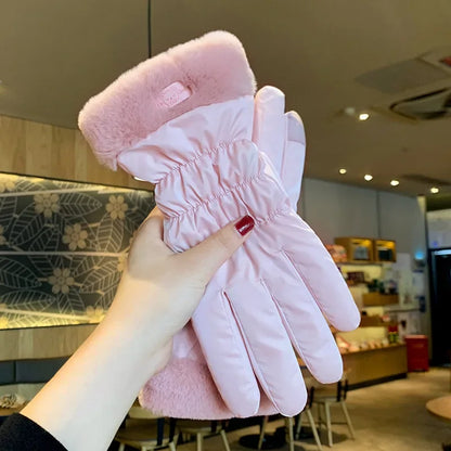 Ski Gloves Women Winter Fleece Thickened Warm Plush Cotton