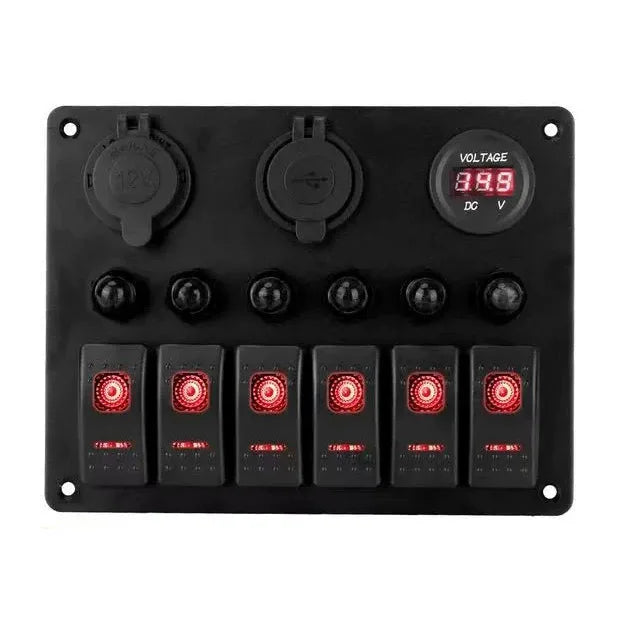 6 Gang Rocker Switch Panel with Voltmeter & USB Charger for RV Boat Truck