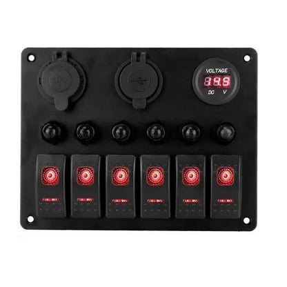 6 Gang Rocker Switch Panel with Voltmeter & USB Charger for RV Boat Truck