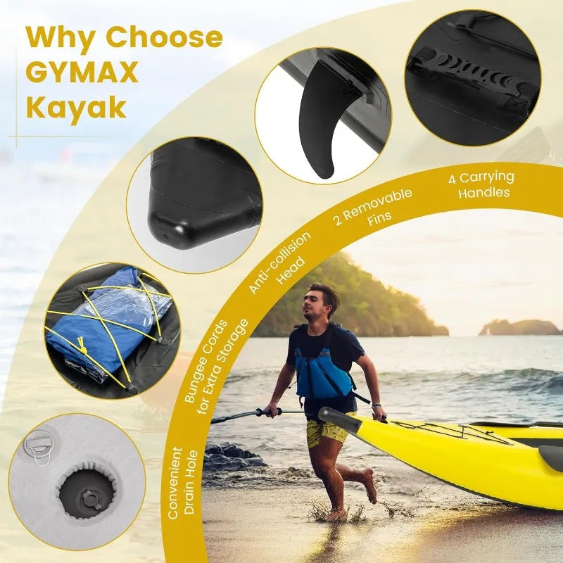GYMAX Inflatable Kayak, 12.5Ft Tandem Kayak with 2 Aluminum Paddles, 2 Padded Seats,Footrests, 2 Fins,Hand Pump,Carry Bag