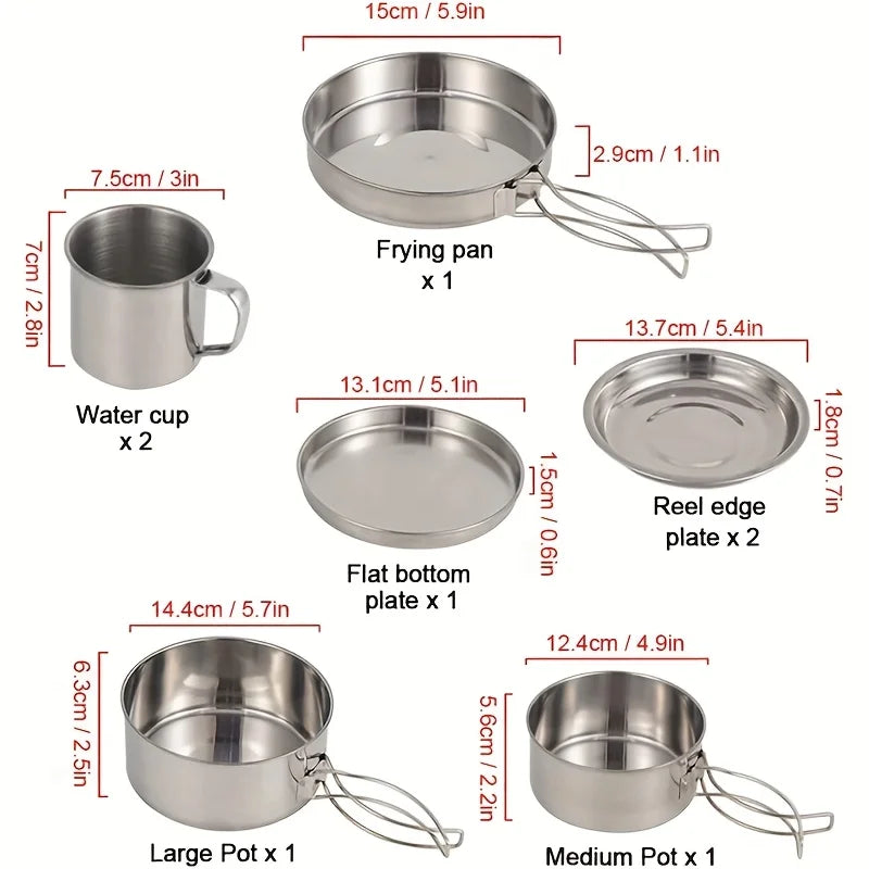 8Pcs Camping Cookware Set Stainless Steel