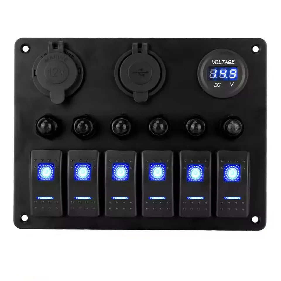 6 Gang Rocker Switch Panel with Voltmeter & USB Charger for RV Boat Truck