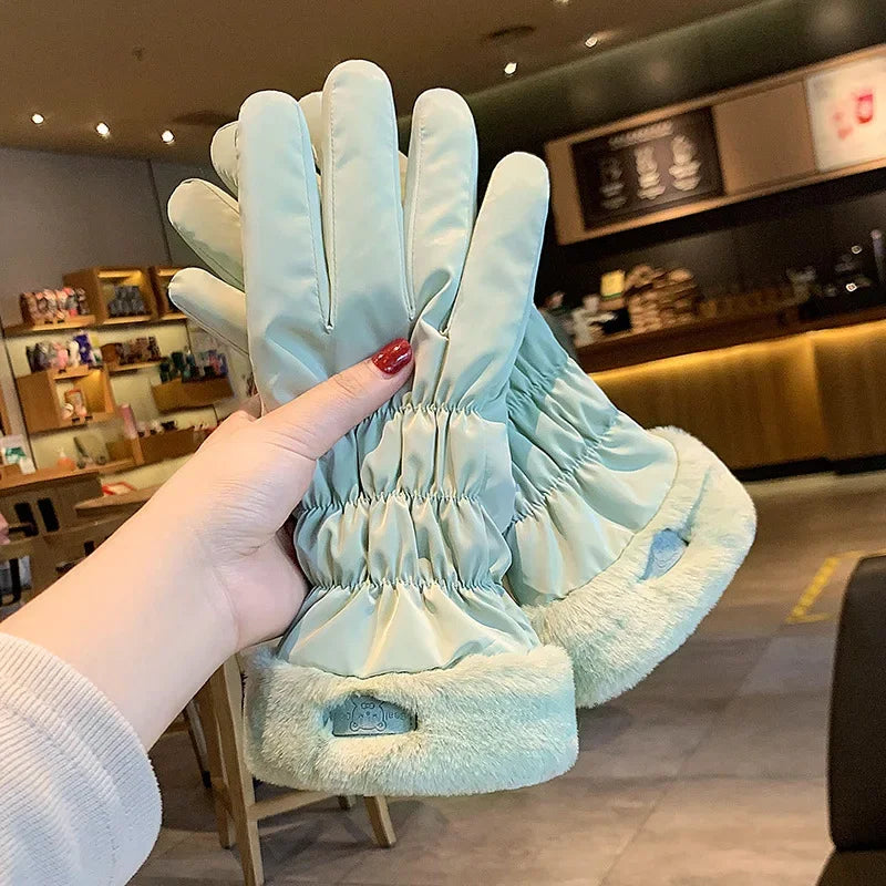 Ski Gloves Women Winter Fleece Thickened Warm Plush Cotton