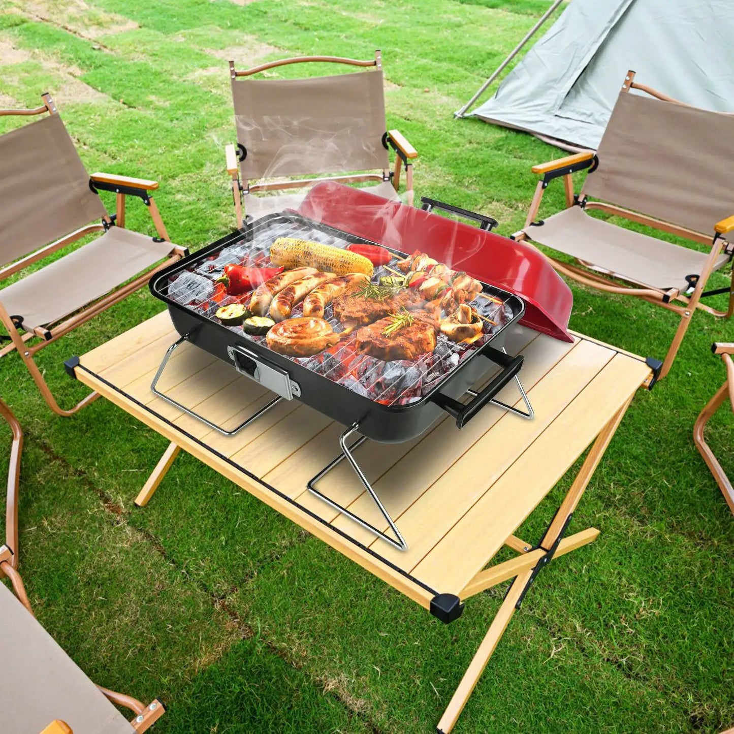 Portable Charcoal BBQ Grill Folding Tabletop Smoker