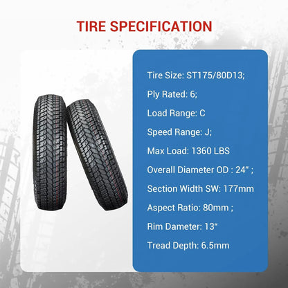 2-Pack Trailer Tires On Rim ST175/80D13 175 80 13 Load Range C 5-Lug White Spoke