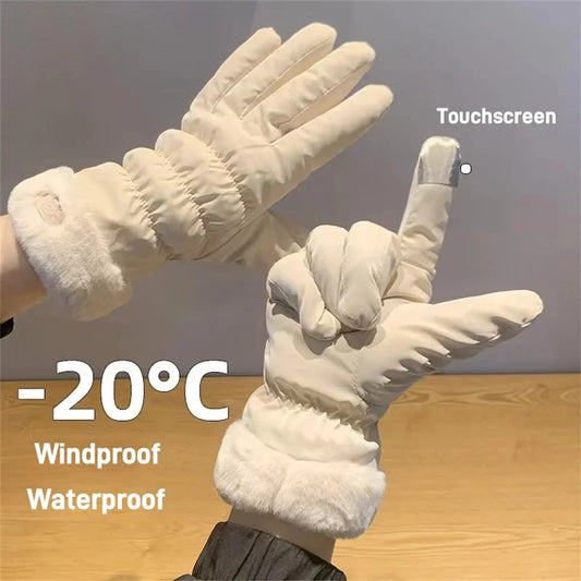 Ski Gloves Women Winter Fleece Thickened Warm Plush Cotton